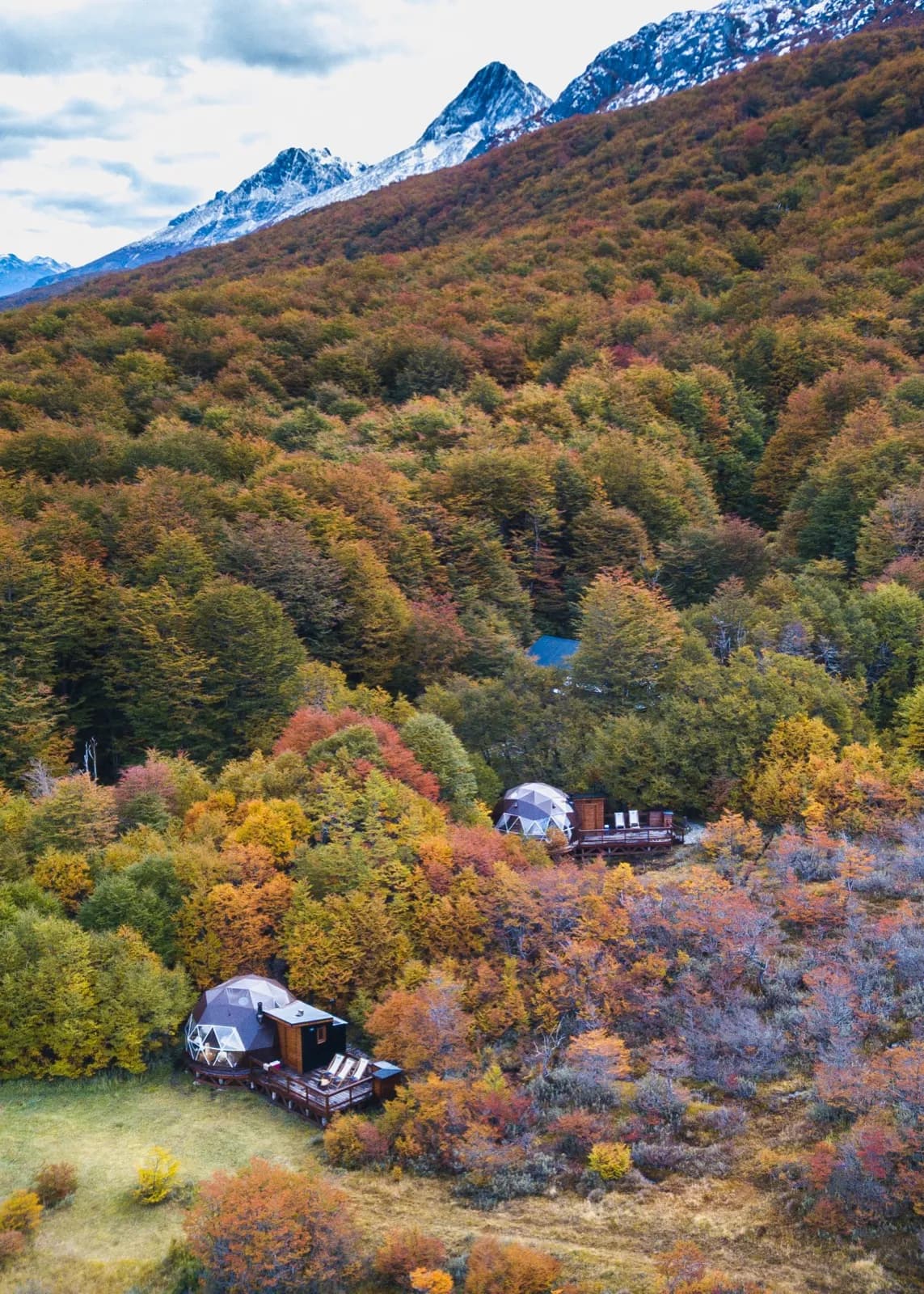 Dos domos entre el bosque fueguino en otoño, con las montañas nevadas detrás